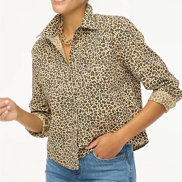 J. Crew Tops - J Crew Leopard modern collared button-up shirt Size Large Brown Animal Print NWT